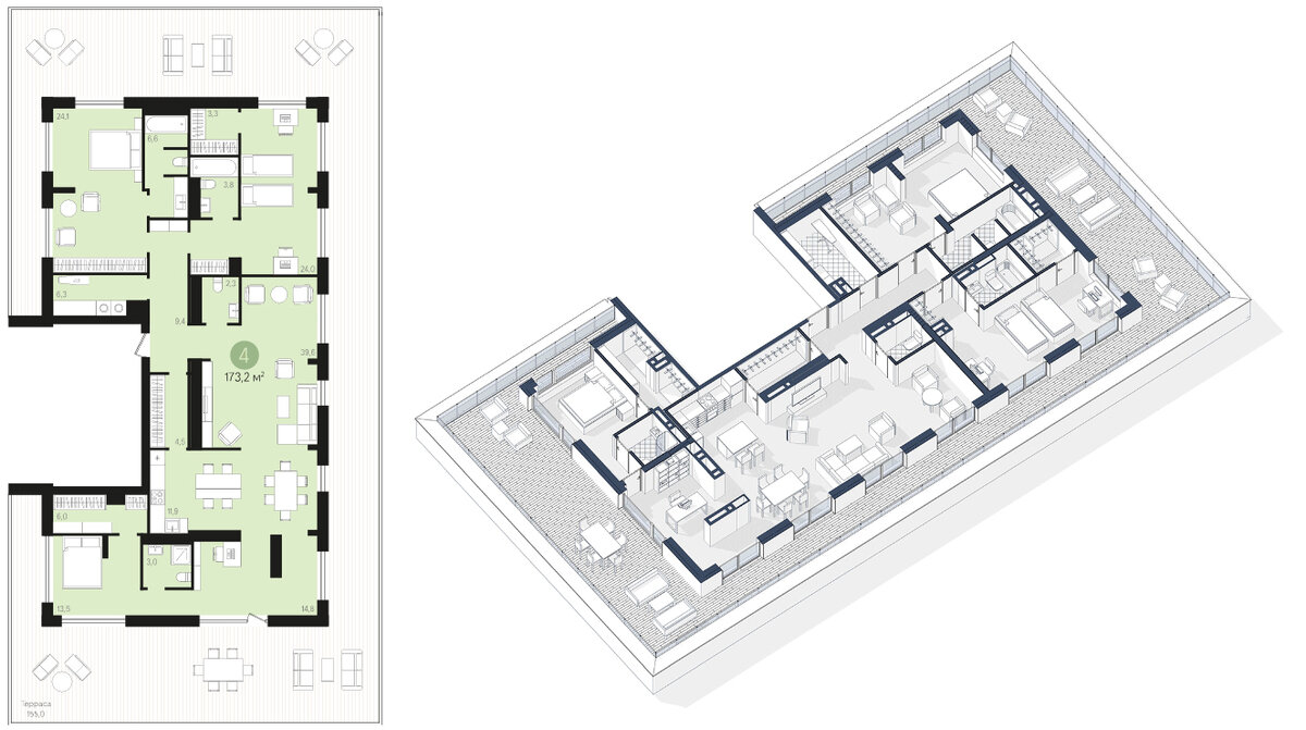 Квартира с тремя спальнями и открытой террасой, 173,47 м²