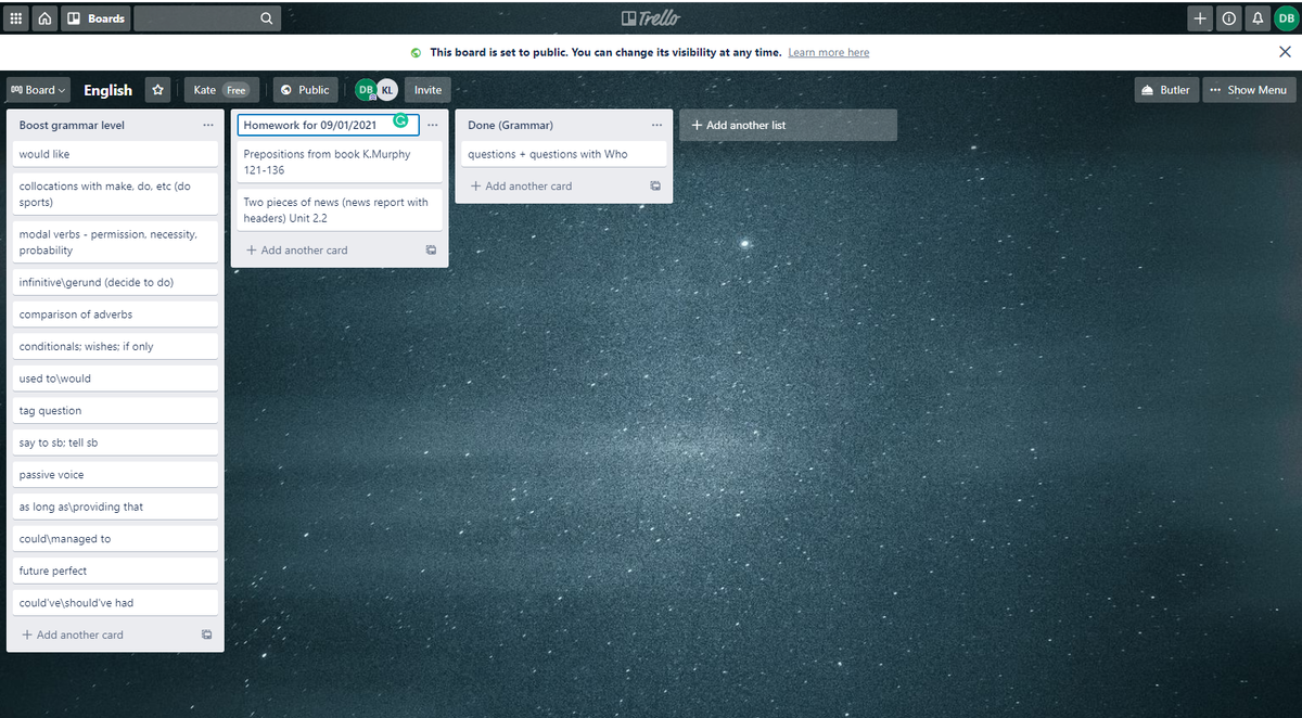 Так выглядит моя доска в Trello. Слева репетитор записала, что надо подтянуть.