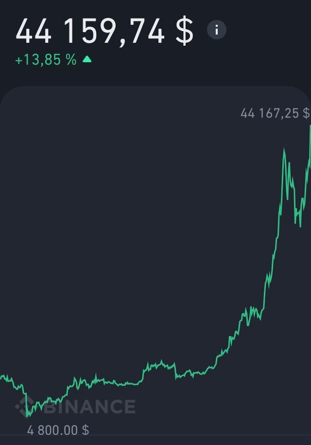 Диаграмма Bitcoin за 2020 год.  цена в 4800$  пришлась на 15 марта а уже в феврале 2020 его ценник перевалил за 44000$