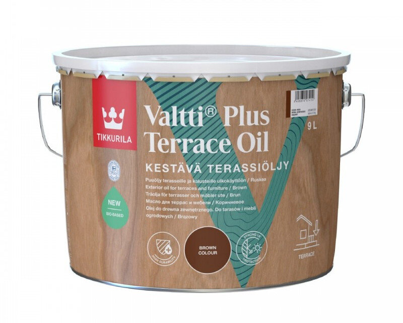 Tikkurila Valtti Plus Terraсe Oil — содержит специальный пигмент для получения ярких светостойких оттенков,  формирует экстрапрочное покрытие, защищает поверхность от ультрафиолета. 