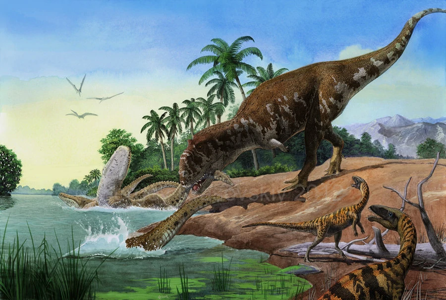 На рисунке изображен майаспондил вымершая рептилия. Майюнгазавр динозавр.
