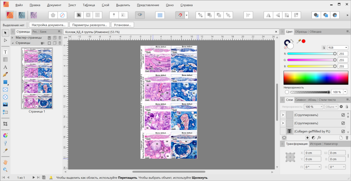 Интерфейс Affinity Publisher: в левом верхнем углу можно бесшовно (без закрытия файла) переключиться на инструменты программ для работы с векторной графикой Designer или растровой Photo