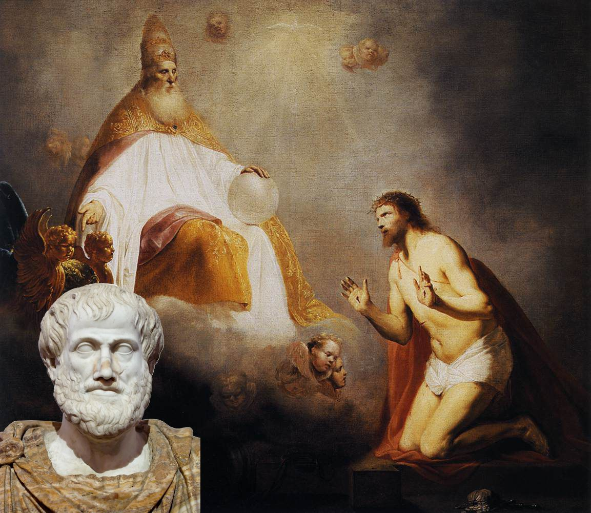 Бог приглашает Христа сесть на престол одесную Его (1645 г.) Питера де Греббера. Святой Дух виден в виде голубя в верхней части изображения. Пока Аристотель наблюдает. (Источник: общественное достояние)