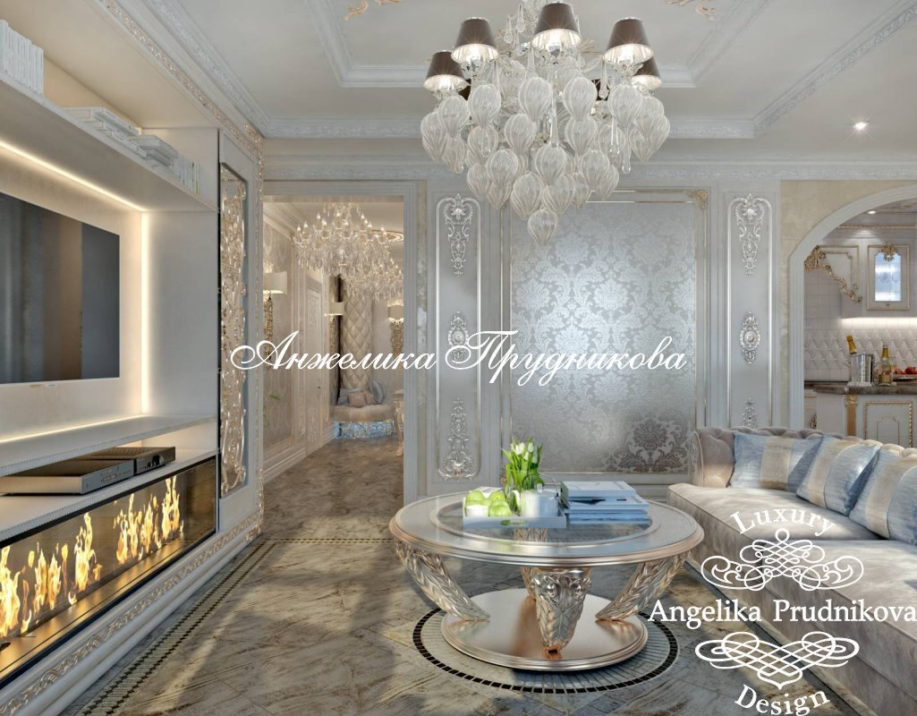 Гостиная в серебристых тонах с полом молочно-кофейного оттенка