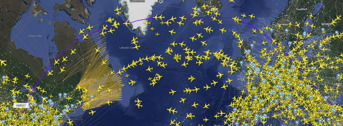 Фиолетовая линия-это фактическая траектория полета.