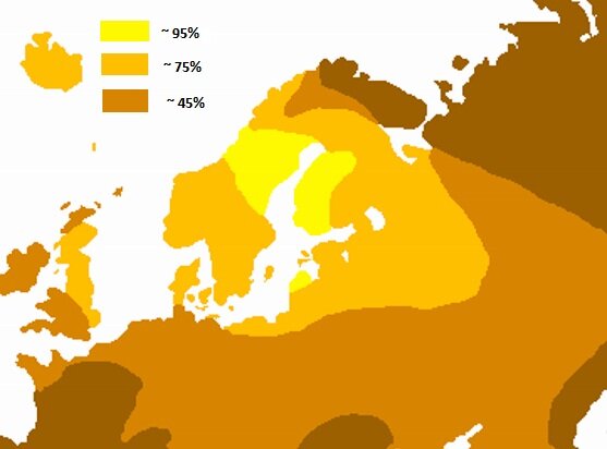 Карта распространения блондинов в мире