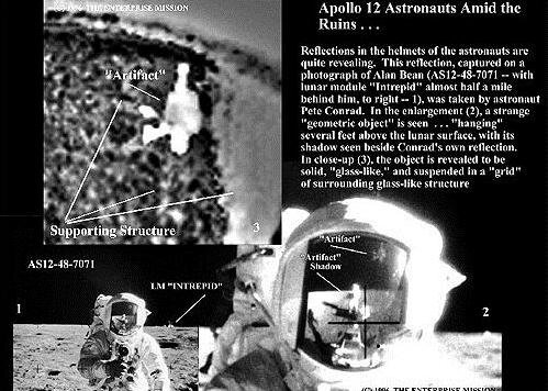 Официальная фотография НАСА, полученная во время полета Аполлона-12Астронавты Нэйл Армстронг и Базз Олдрин передают с Луны: «Это гигантские штуковины. Hет, нет, нет... Это не оптическая иллюзия. В этом не может быть сомнения!»

