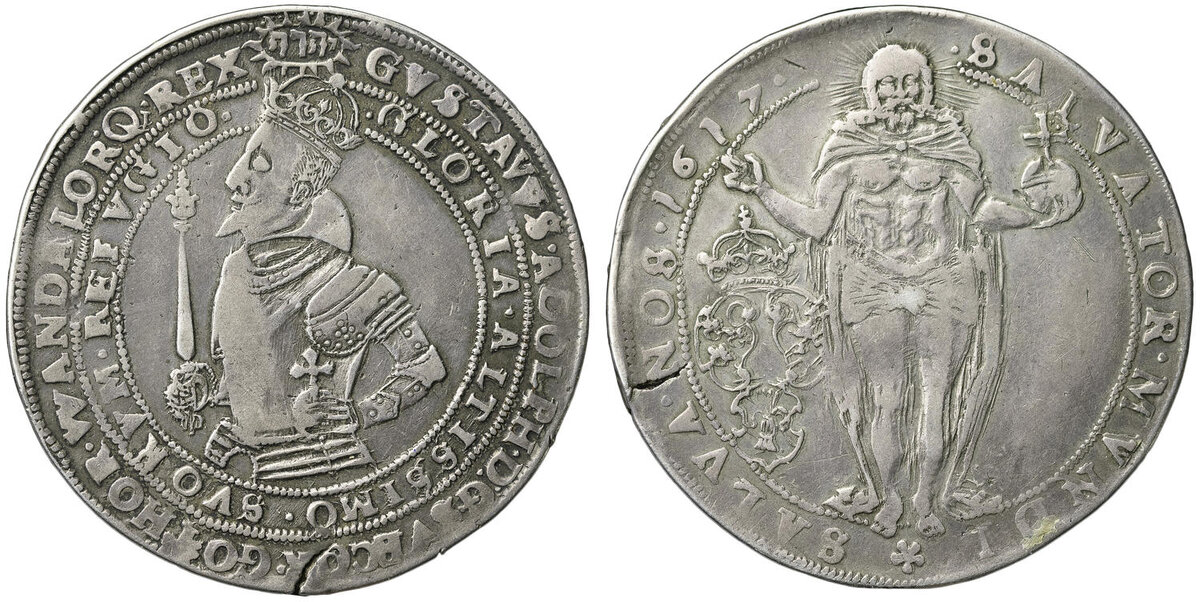 Шведский риксдалер 1617 года, на оборотной стороне которого можно видеть коронованный королевской короной трёхпольный щит с тремя коронами свеев, львом гётов и снопом рода Ваза, которому принадлежал Густав Адольф (фото с сайта одного из интернет-аукционов)