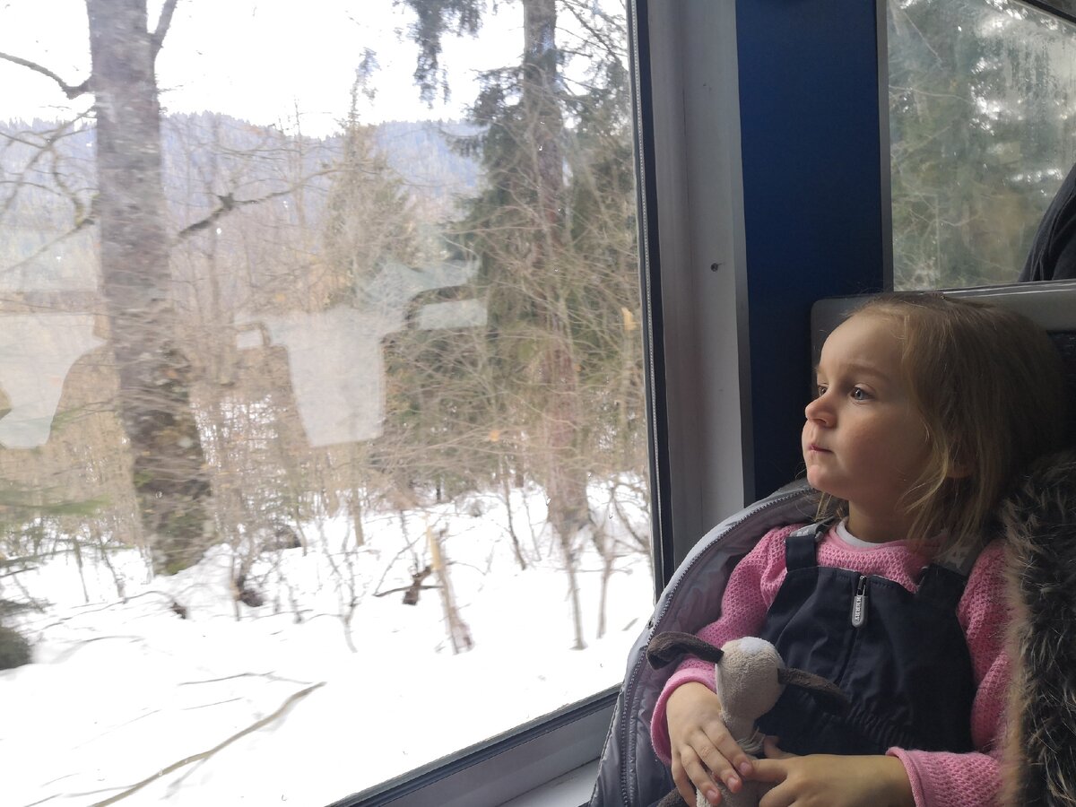 Дочка во время поездки на легендарном поезде "Кукушка", курсирующем между Боржоми и Гудаури. Любимая собачка, как всегда с ней. 