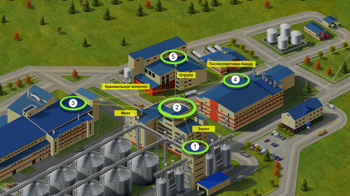 Рисунок 1 – Технологическая цепочка производства барды кормовой: 1 – элеватор; 2 – мельница;  3 - участок мокрого процесса; 4 - спиртзавод; 5 - цех кормопродукта.