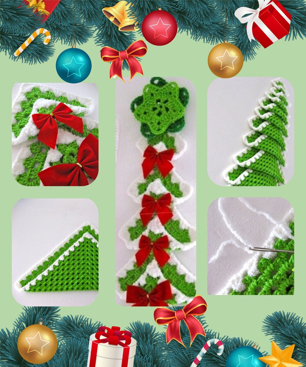 Обыкновенный бабушкин квадрат не перестаёт нас удивлять!  Очень просто вяжется и  вот так  красиво смотрится смотрится наша Елочка! Схема вязания Елочки  состоит из «бабушкина квадрата», начинается из центра. Вяжем цепочку из 4 воздушных петель (ВП) и замыкаем её в кольцо. (Можно вместо них связать кольцо амигуруми.) схема и описание вязания  в картинках далее...