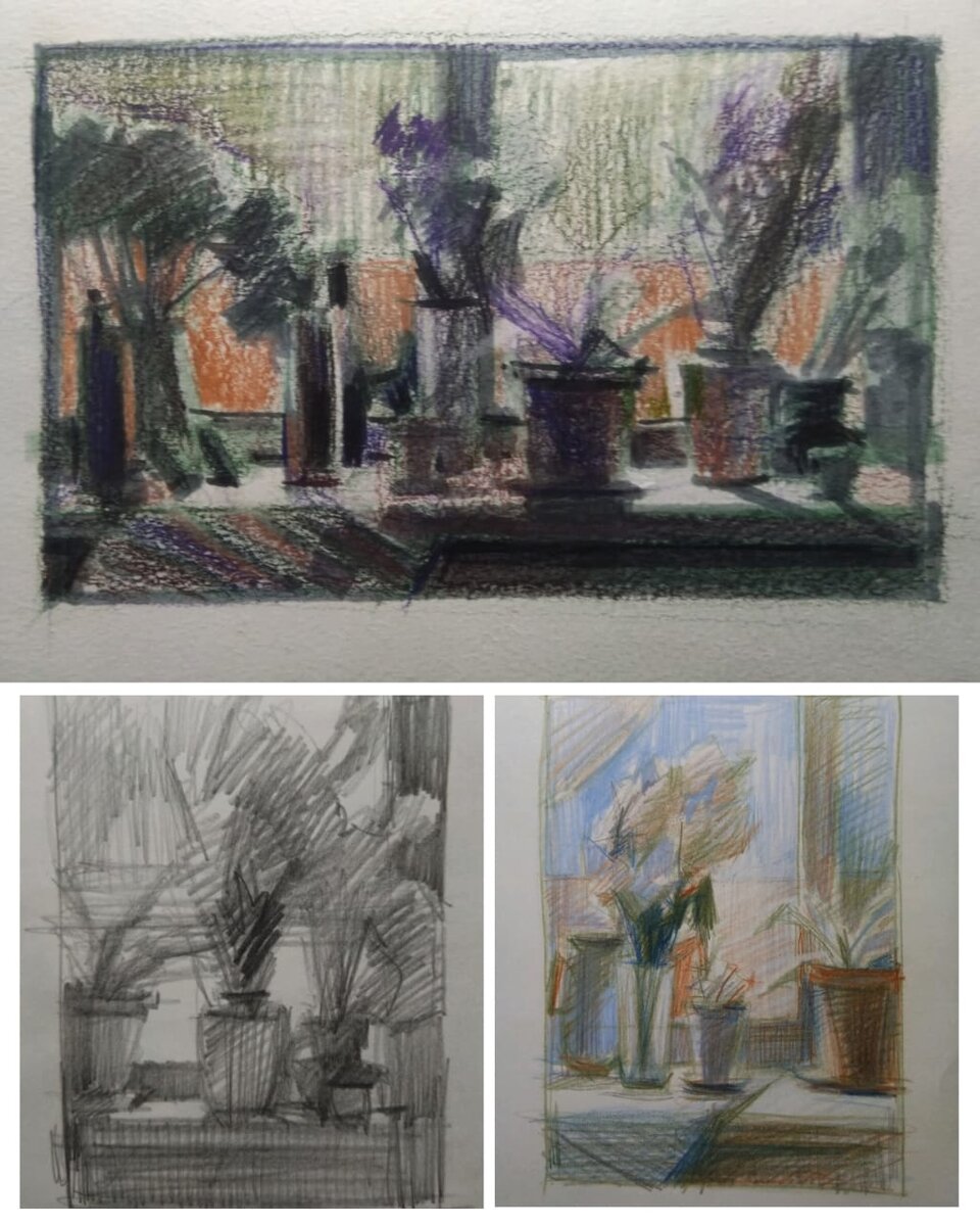 Предварительные эскизы. Бумага, карандаши.