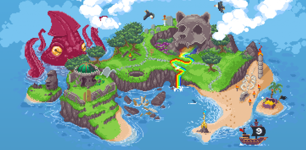 Исследуйте Расколотое море в поисках легендарного острова сокровищ, известного как Мемеландия.