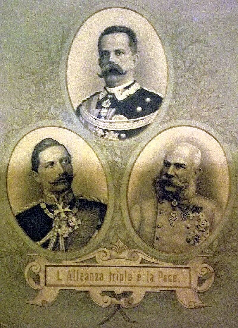 Изображение глав Тройственного альянса  с портретами короля Италии Умберто I, императора Германии Вильгельм II и императора Австрии Франца Иосифа. 