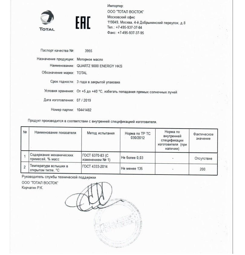 Паспорт качества на продукцию образец