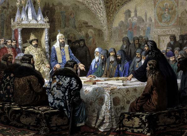 Патриарх Никон представляет новые богослужебные тексты. Худ. А. Д. Кившенко
