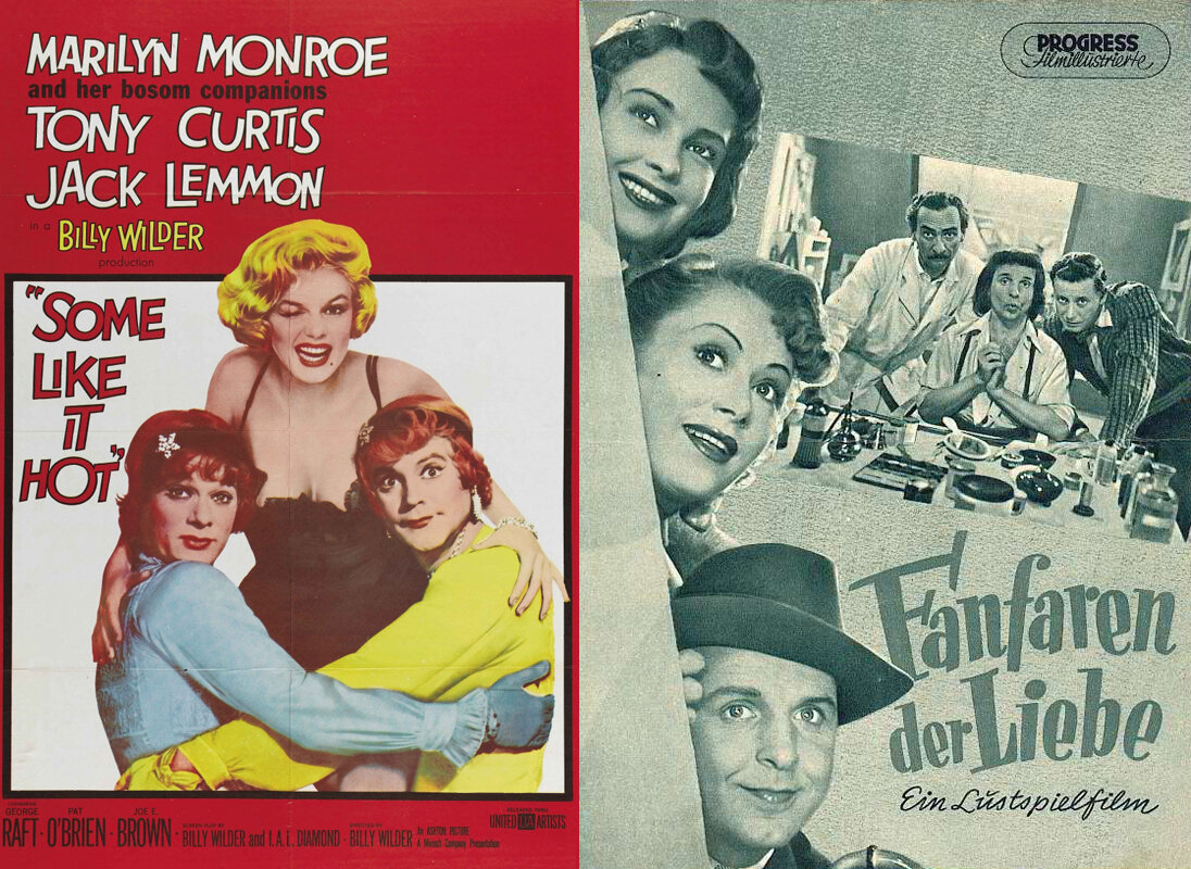 Постеры к фильмам «В джазе только девушки» (1959) и «Фанфары любви» (1951) / Фото: kinopoisk.ru