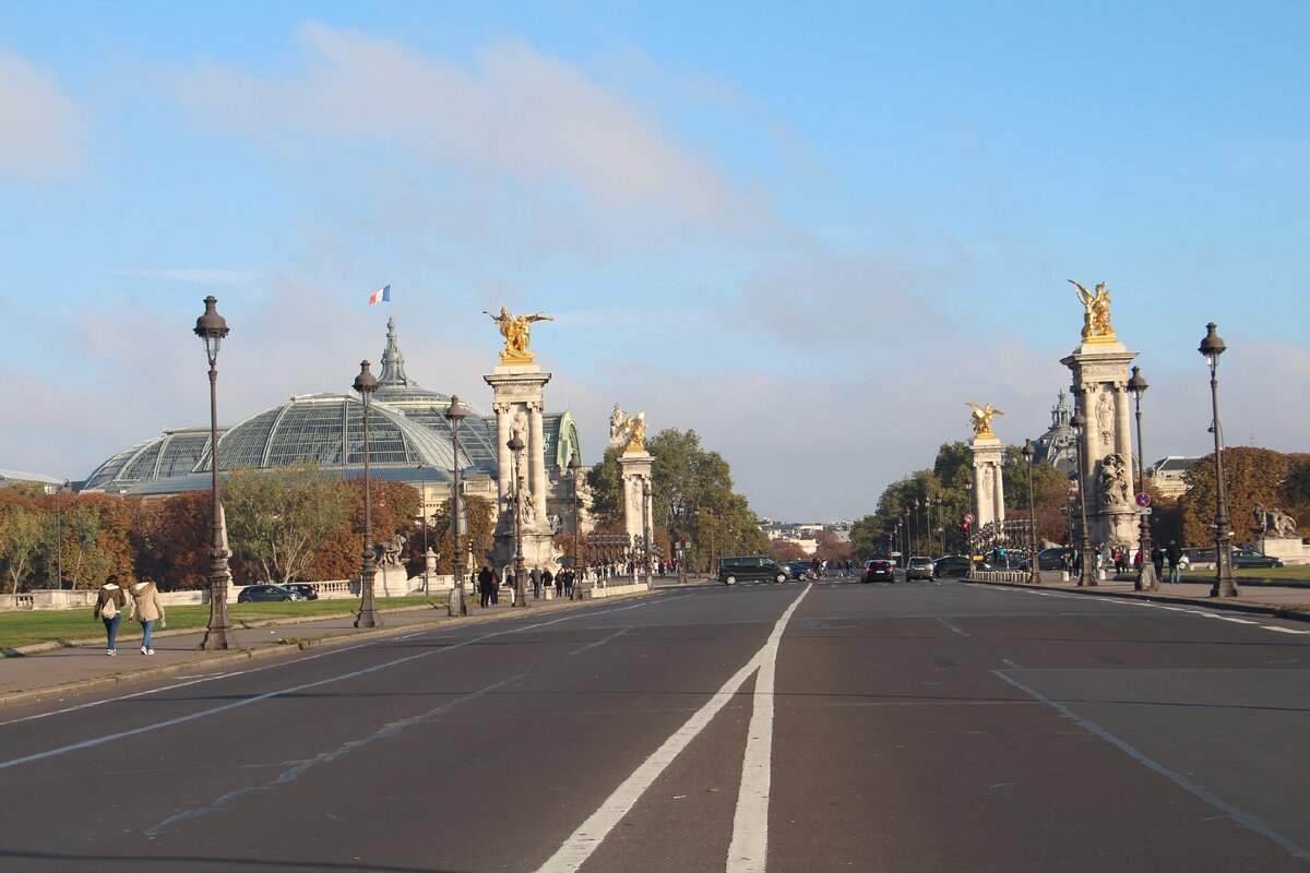 Вид на Большой и Малый дворец через мост Александра III 