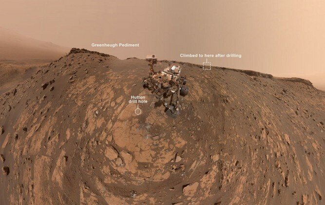 (NASA/JPL-Caltech/MSSS) — Слева вверху педимент Greenheugh, справа вверху точка, куда ровер забрался, ниже точка бурения Геттон. 