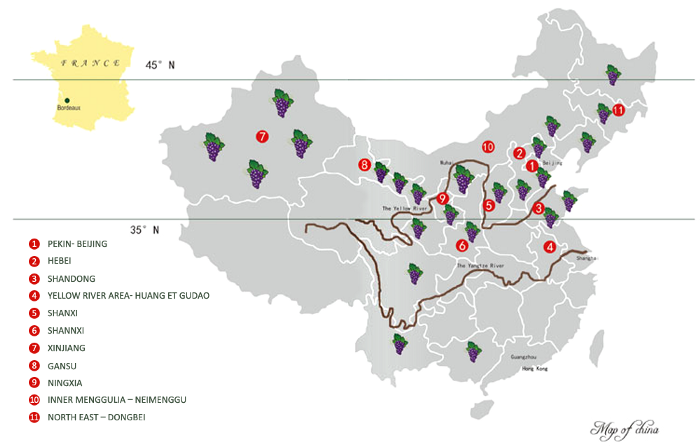 Винодельческие регионы Китая отмечены гроздями