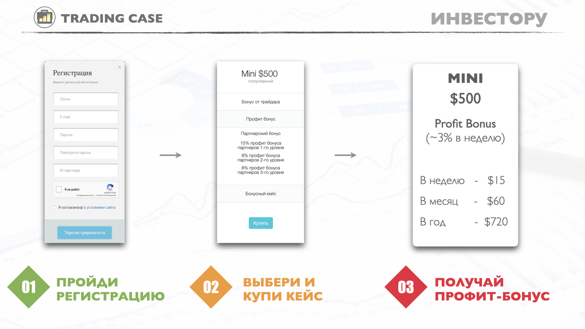 Варианты инвест кейсов:
 FREE $0, MICRO $100, MINI $500,  ПРОФИТ-БОНУС - бонус пассивной прибыли с торговли компании
 Минимальная доходность - от 1% в неделю (% плавающий, зависит от общей прибыли компании за торговую неделю)
 Средняя прогнозируемая прибыль инвестора +/- 3% в неделю
 Срок действия кейса - бессрочно.
 Профит-бонус начисляется один раз в неделю
 Можно купить любое количество кейсов разного номинала
 Вывод средств в течение 5 рабочих дней
 Кейс можно продать обратно компании со следующей комиссией:
 1 месяц - 50%, 2 месяц - 40%, 3 месяц - 30%, 4 месяц - 20%, 5 месяц - 10%, 6 месяц - 0%.
 Через 5 месяцев - продажа без комиссии.