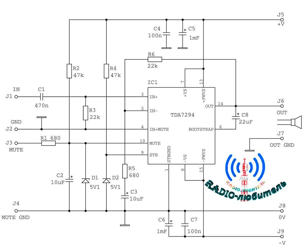 Схема усилителя мощности на микросхеме TDA7294