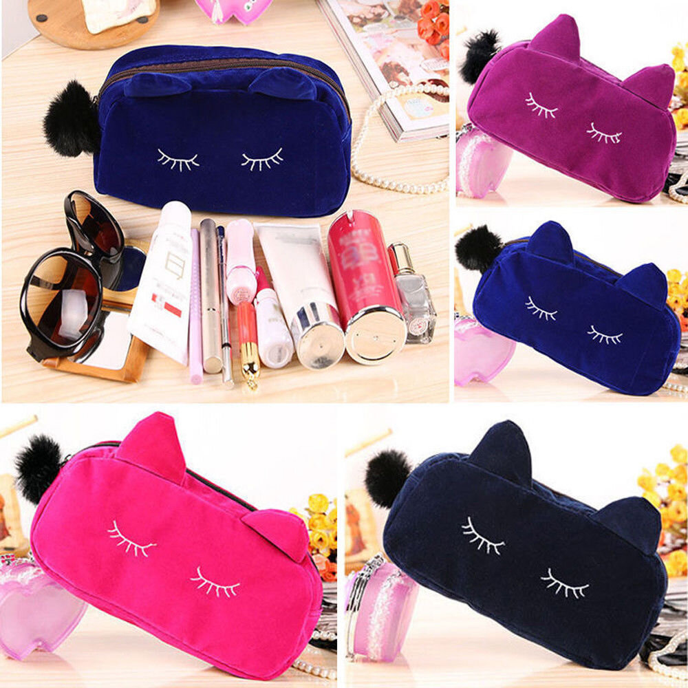 lack Pencil Case Pen Box School Stationery Cosmetic Makeup Velour Pouch Zipper Bag Cartoon Cat Multifunction Purse Travel Case 
