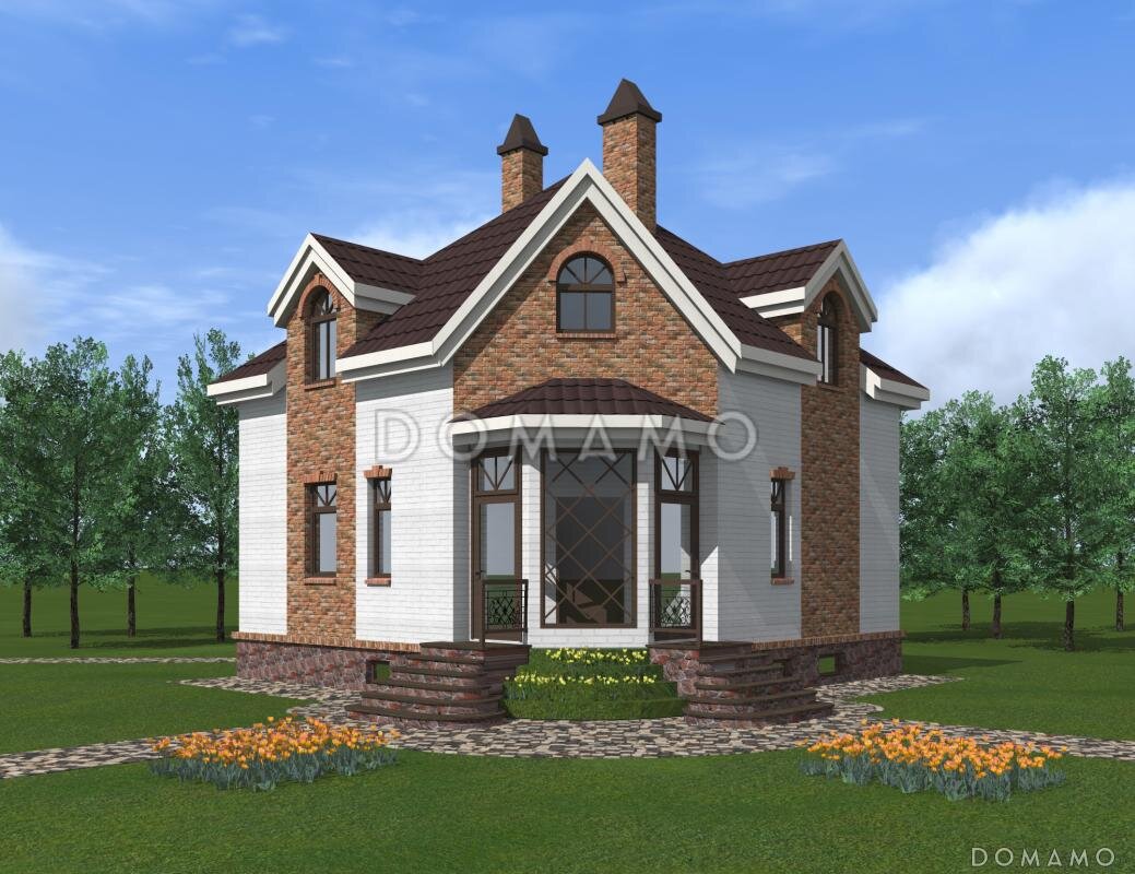 Проект квадратного коттеджа со входом с угла, террасой и подвалом с окнами (проект D594 в каталоге domamo.ru)