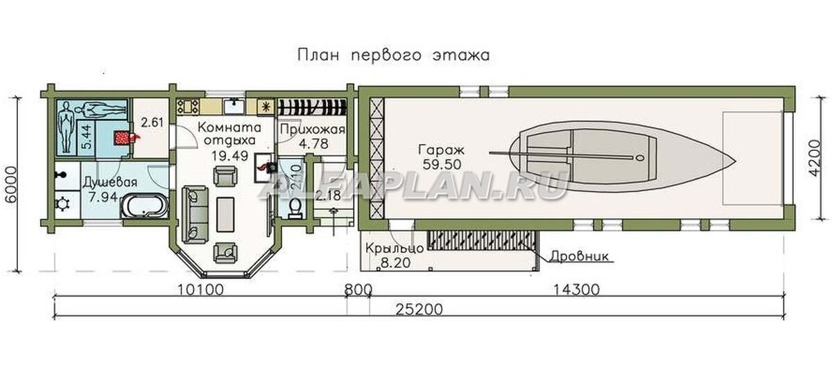2. Планировка: Гараж 218Р с  баней из клееного бруса с красивым эркером 809С