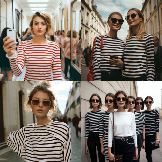 stripe t shirts style, celine, dior, chanel, parisian vibe, french chic, stylish parisian women taking selfie, photographed by wolfgang tillmans in 35mm, super detailed, v5.2