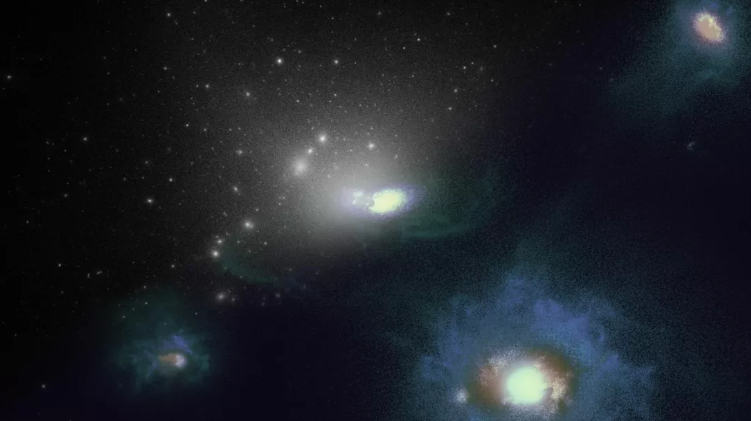 Визуализация моделирования, использованного в исследовании. Вверху слева показана темная материя в белом. Внизу справа показана смоделированная Большая Магелланова Облакообразная галактика со звездами и газом, а также несколько более мелких галактик-компаньонов. 
UCR / Итан Ян