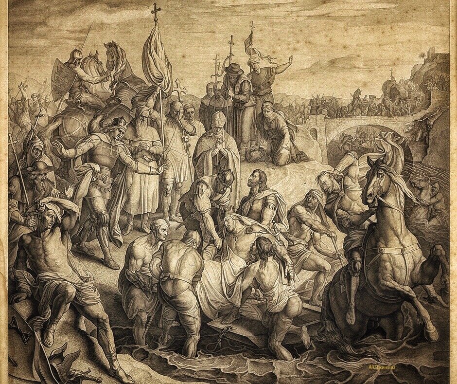 Гибель Фридриха Барбароссы, немецкая гравюра