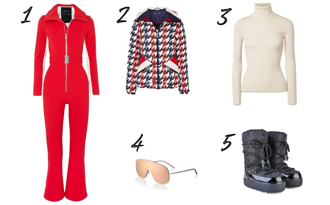 1 - комбинезон Cordova, 2 - куртка Perfect Moment, 3 - водолазка Gucci, 4 - солнцезащитные очки-маска Emporio Armani, 5 - луноходы Jog Dog