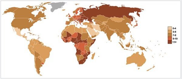 Количество смертей за год на тысячу человек. Россия, к сожалению, по этому показателю уступает даже некоторым странам вот уже много лет находящимся в состоянии гражданской войны.