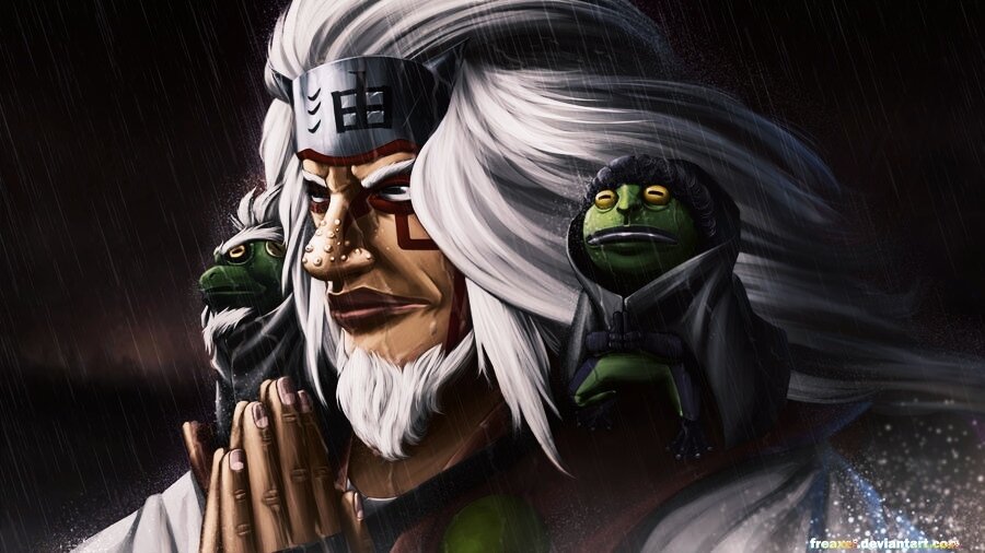 Жабы вернулись на плечи Джирайи уже в аниме и поздних выпусках манги