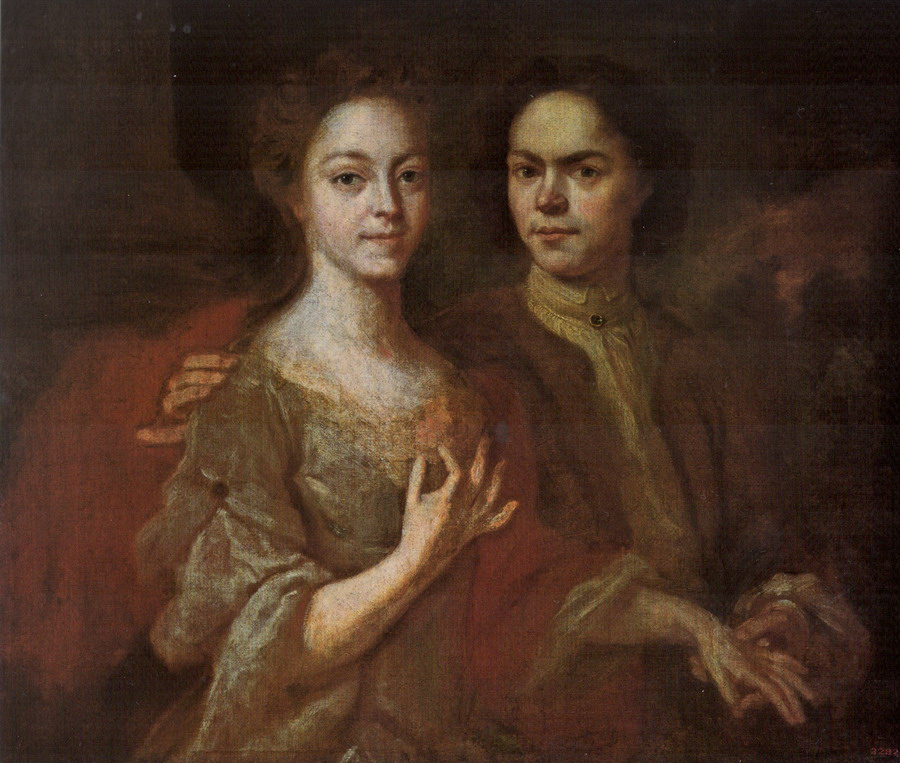 Живопись 18 века 4 класс. А.А. Матвеев. Автопортрет с женой. 1729 (?).