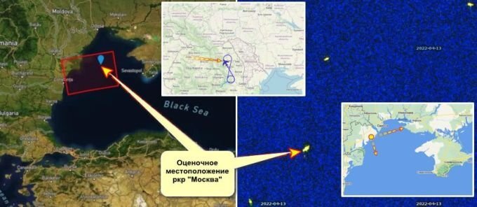 Примерное расположение ГРКР "Москва" на момент возникновения пожара. Источник: t.me/operline_ru