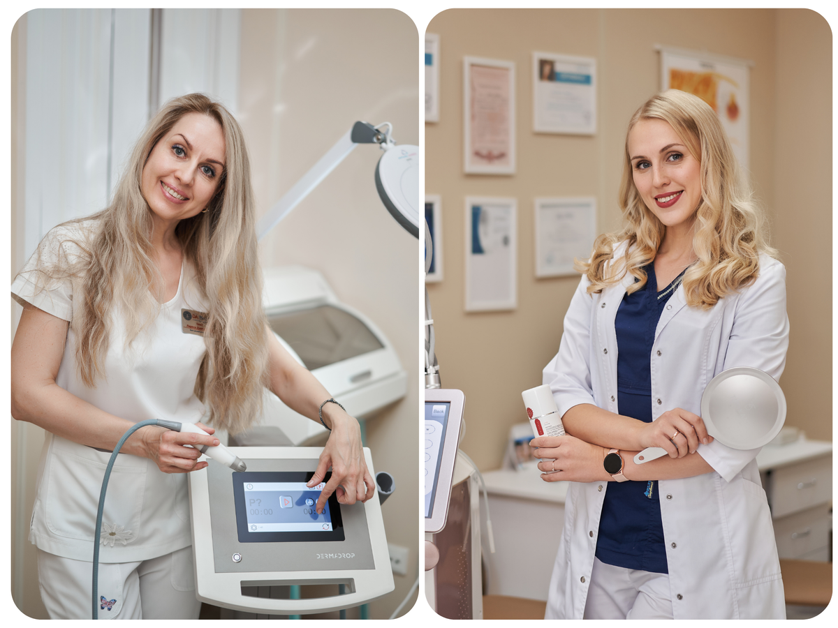 Слева врач дерматокосметолог Гросу Лариса Дмитриевна. Опыт специалиста - более 15 лет. Справа врач косметолог, дерматовенеролог Елена Васильевна Глевацкая.  Занимала 2-е место в рейтинге врачей косметологов Ростовской области по мнению пациентов в 2020 г. 