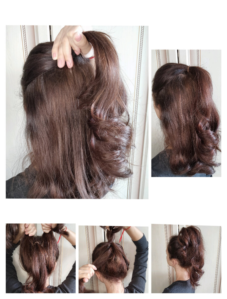 Собираем верхнюю часть волос в хвост, затем нижнюю часть завязываем резинкой поверх верхней. Готово!