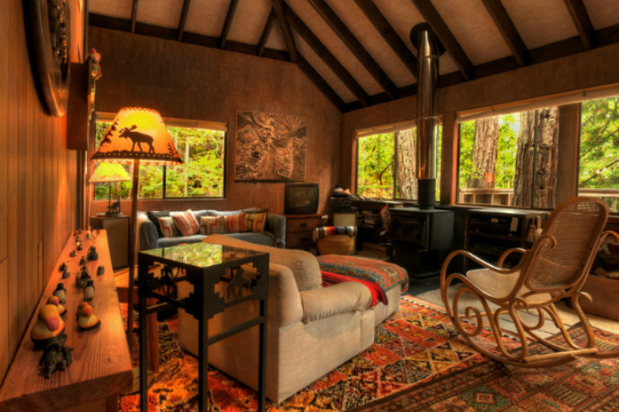     Интерьер загородного дома с печкой или камином