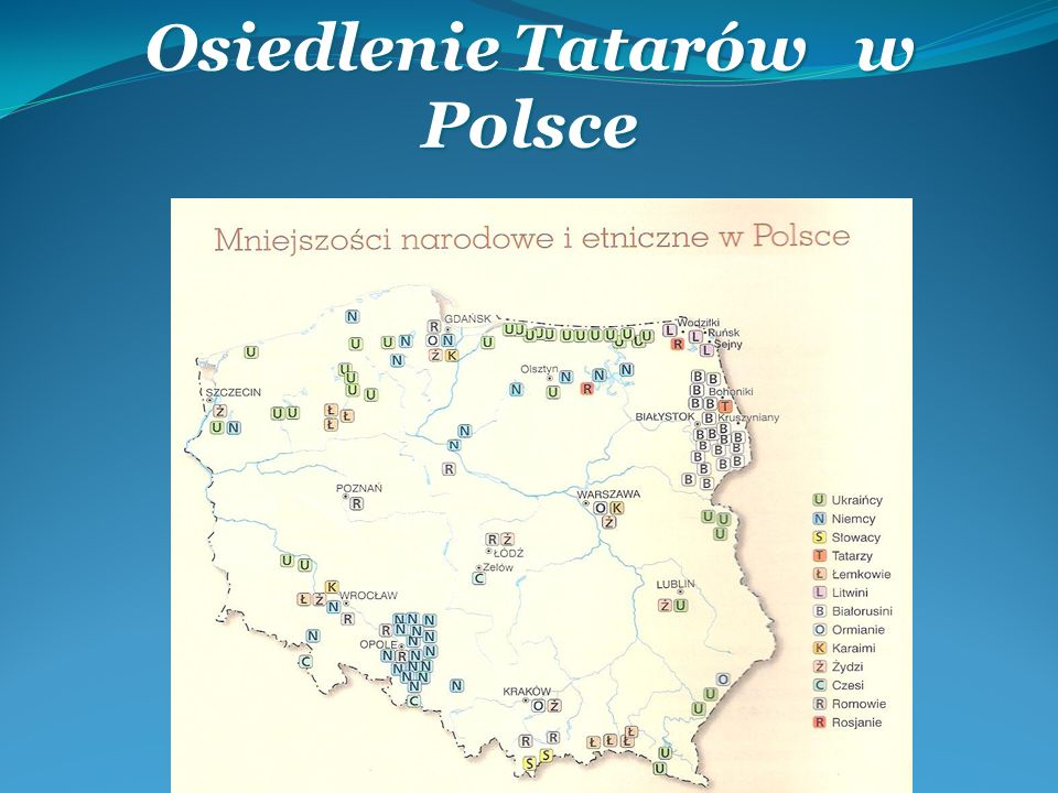 Карта проживания национальных меньшинств Польши. Татары указаны в верхнем правом углу.