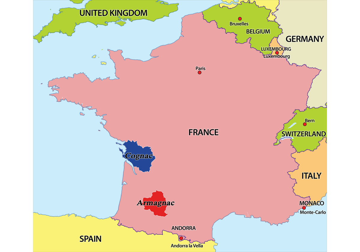 Арманьяк и Коньяк на карте Франции