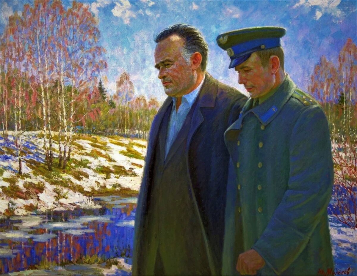 Ю. Г. Мельков, "Весна 1961 года. Сергей Павлович Королёв и Юрий Гагарин", холст, масло