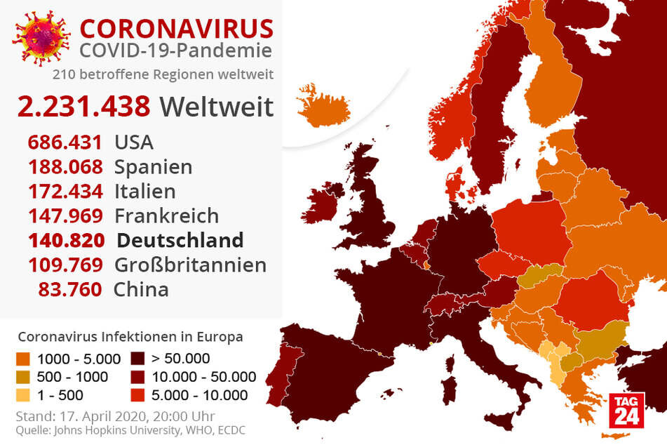 COVID-19. Пандемия. 210 регионов во все мире. Источник: Университет Джонса Хопкинса, 17.04.2020, 20:00