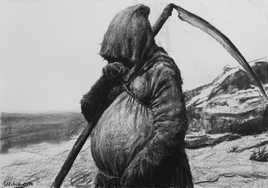 Геннадий Улыбин. "Война Смыслов" или "Беременная смерть".  Бумага, уголь. 29х41