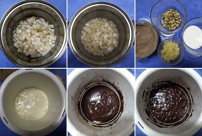 Замес теста для Шоколадных маффинов с грушей и грецкими орехами