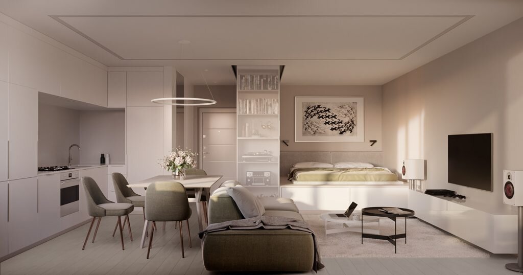 Этот стильный и очень уютный интерьер квартиры площадью 42 м² в нежных пастельных тонах дизайнера Андрея Аланского никого не оставит равнодушным. Дизайн в стиле минимализм в случае этого интерьера вовсе не холодный и строгий, а нежный и мягкий. Во многом такой эффект создается благодаря сложному теплому кремовому оттенку в основе, который оживлен приглушенным теплым зеленым оттенком. Очень красивое сочетание. 