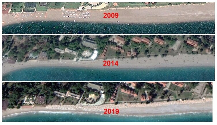 Береговая линия пляжа Коньяалты в разные года. Фото из Сети