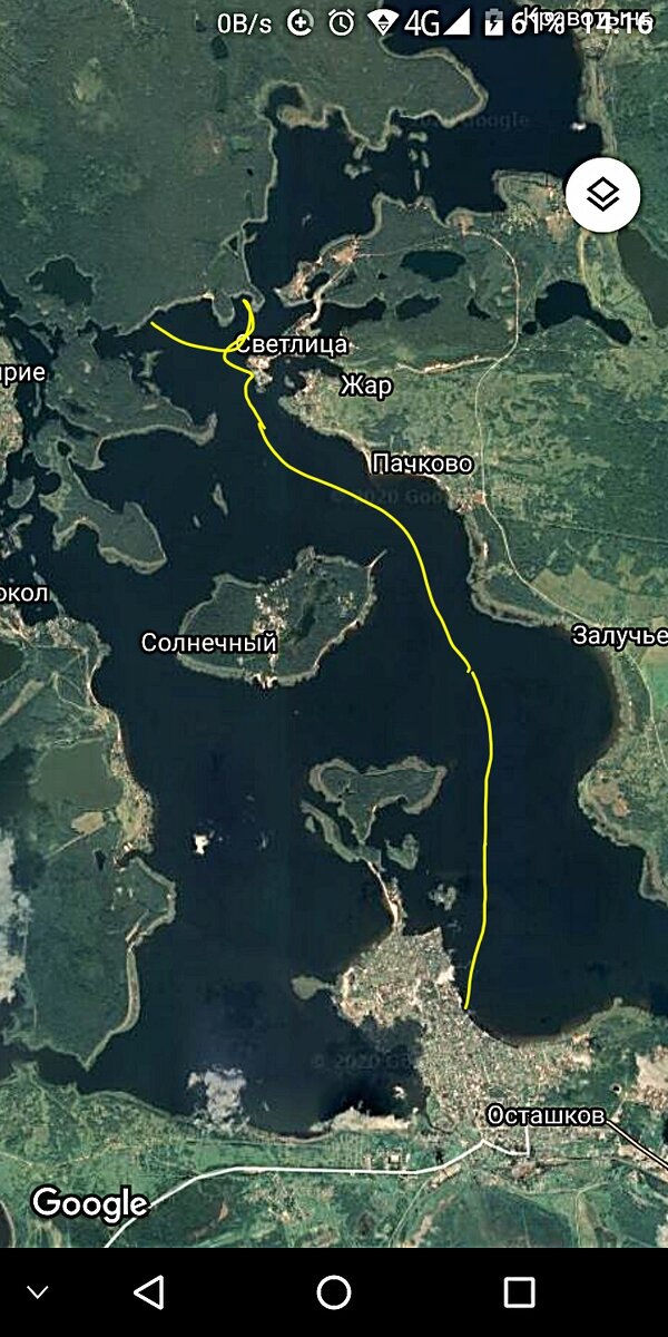 (Путь,  который мы прошли на веслах.  И это не все озеро,  лишь малая часть) 