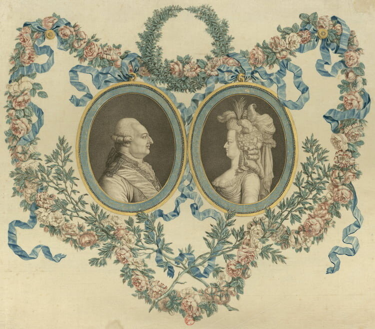 Гравюра 18 века с изображением Людовика XVI и Марии-Антуанетты.